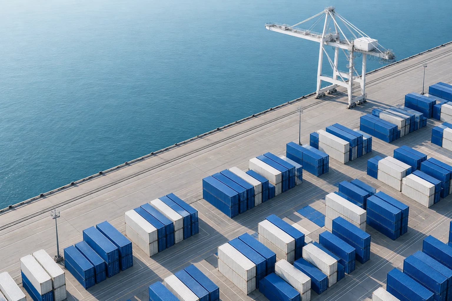 Aerial view of an orderly container port beside blue water, illustrating international trade