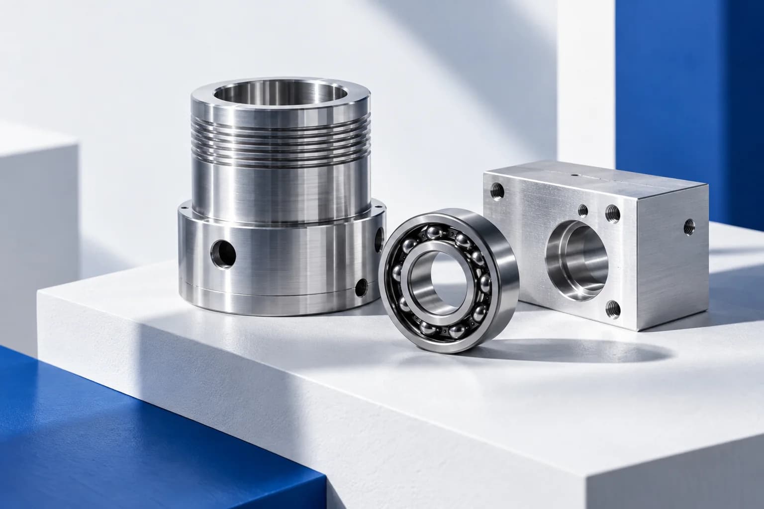 Precision-machined metal components arranged in a clean blue and white industrial still life